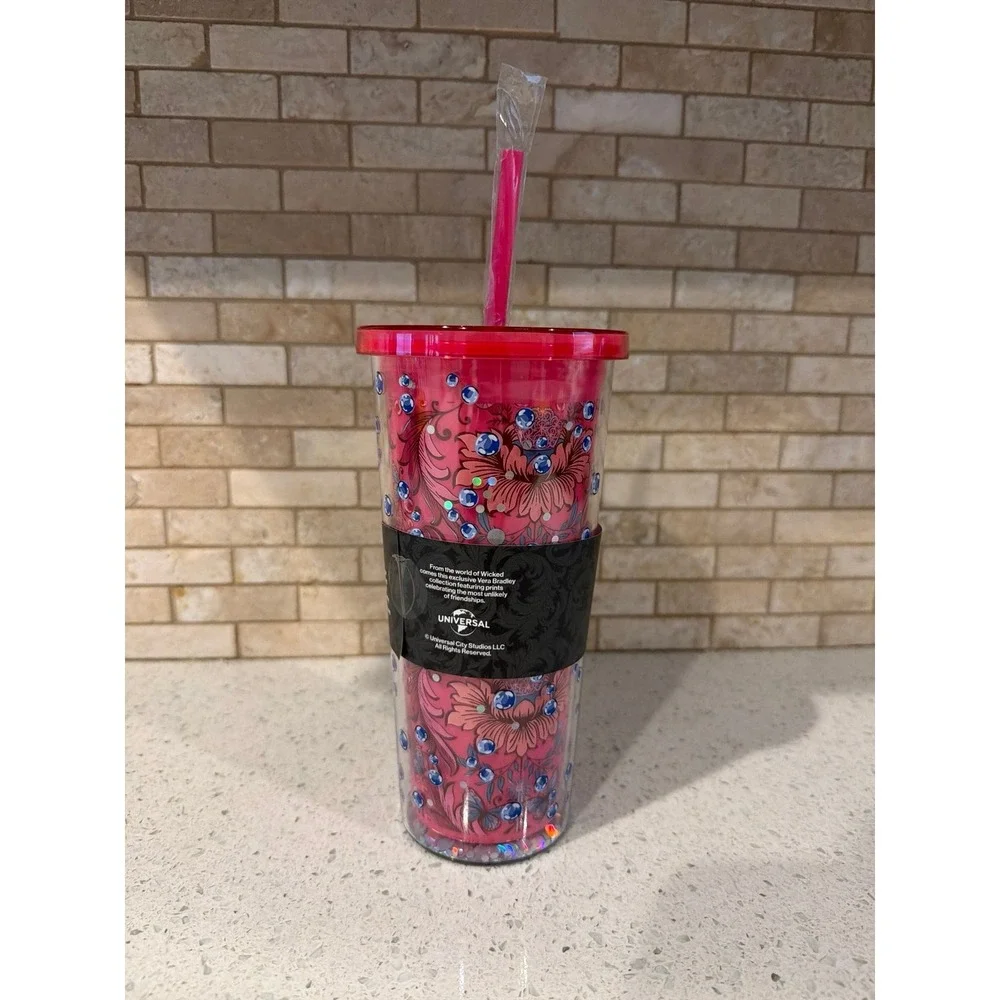 NEW Wicked Vera Bradley Tumbler With Straw Pink Floral Cup Movie Musical